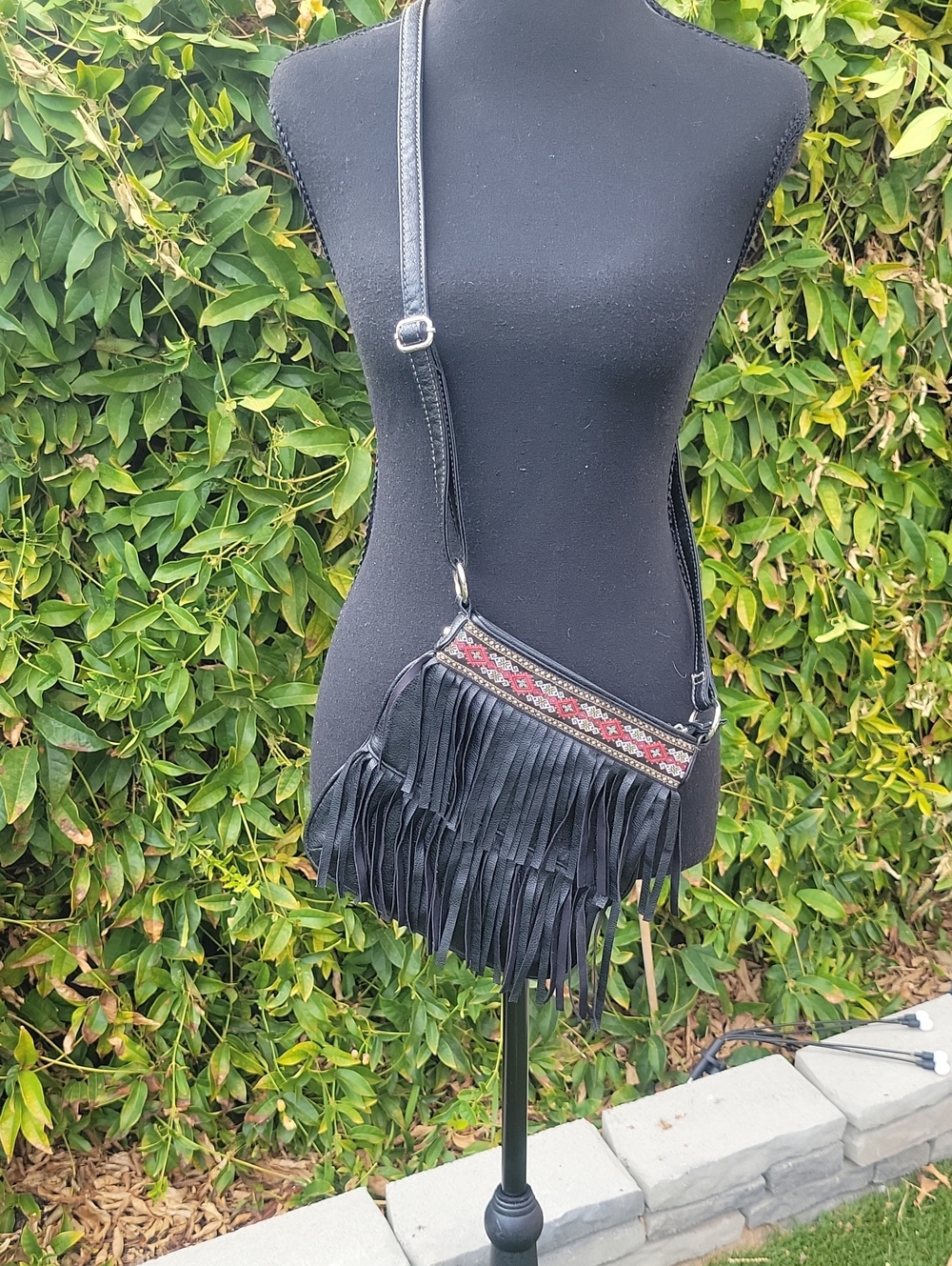 Black Fringe Crossbody Bag with Red and White Accents